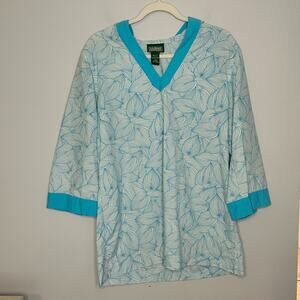 L.L. Bean Hooded Coverup Tunic Womens Large Blue Floral Beach Swim Tropical Boat
